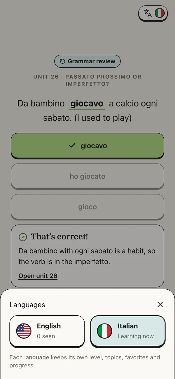 Choosing between English and Italian.